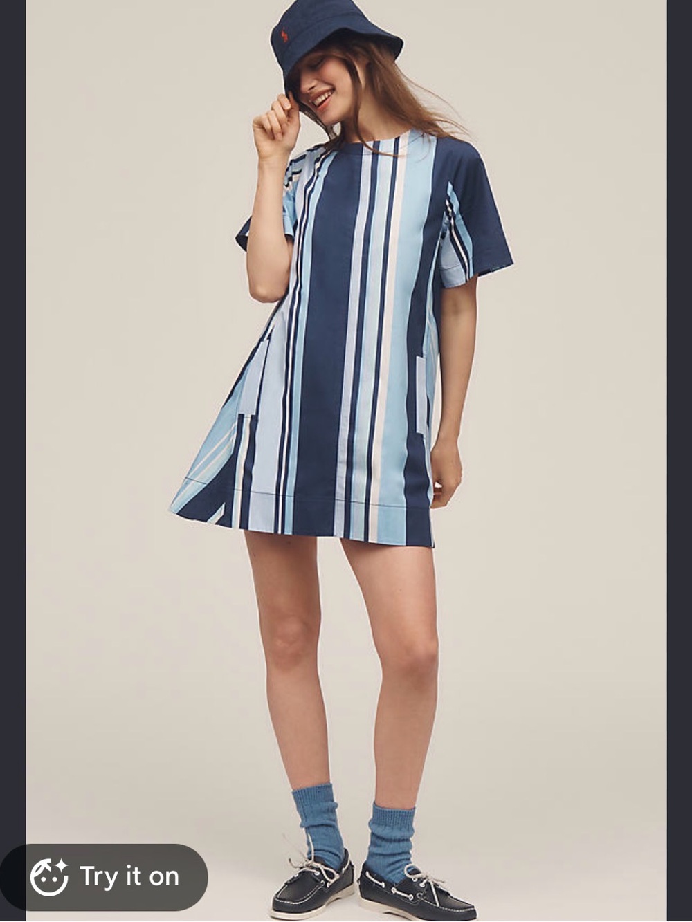 Maeve Short-Sleeve Striped Tunic in Navy & Light Blue